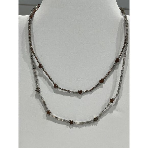 2 chokers‎ silver & gold tone beaded chain with star & heart charms - Picture 1 of 5